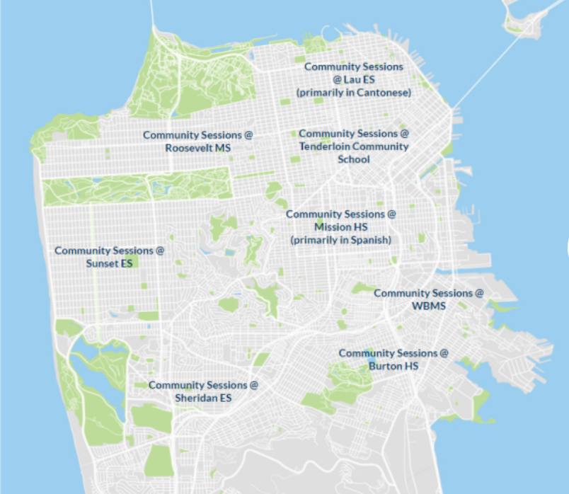 A map of San Francisco highlighting eight locations where meetings will occur.