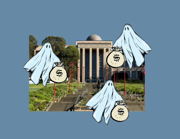 Illustration of ghosts and a college campus.