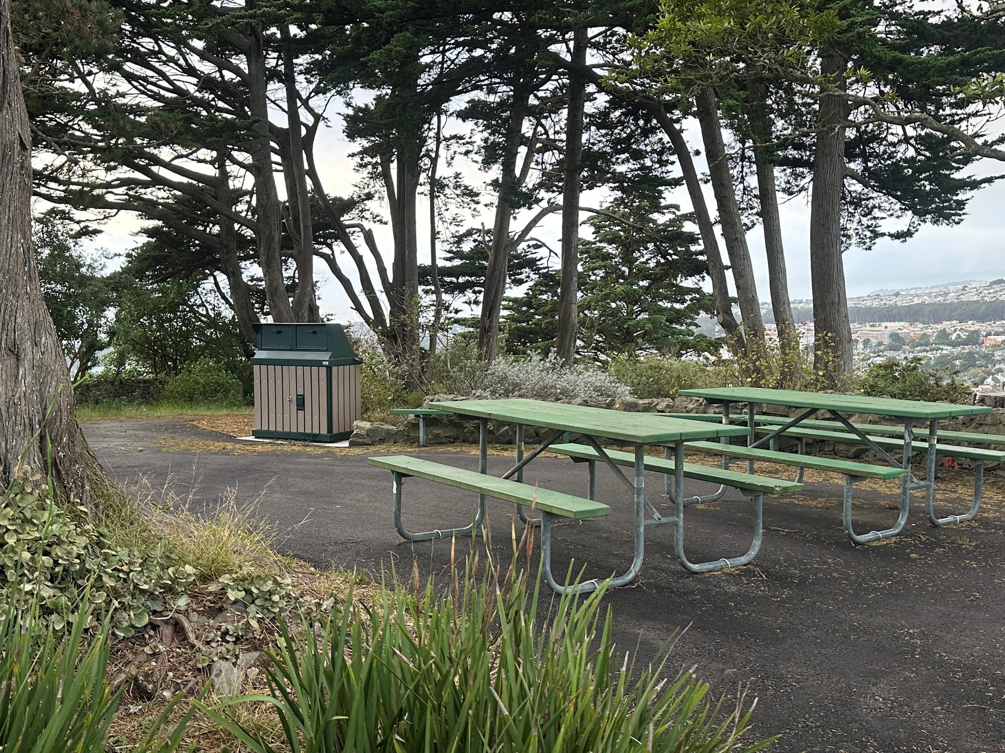 Park benches and garbage bin.