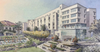A rendering of a large building beside a park.