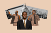Photos of EJ Jones overset on images of buildings.