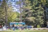 Kids playing in front of a bookmobile that's parked in front of a dense tree landscape.