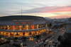 Aerial view of the San Francisco Symphony building at sunset. 