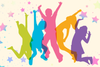 A digital graphic of five different colored people silhouettes jumping against a pale yellow background with multi-colored stars.