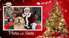 A photo of a red background with snowflakes and a Christmas tree with gold and red ornaments and presents and a smaller photo of Santa with a golden retriever.