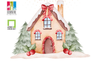 A depiction of an illustrated tan house with candy-cane trim, a red polka-dot bow, snow, fir trees and mistletoe.