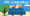An illustrated blue van with SF Public Library on the side that is surrounded by blue sky, a tree and sand-colored ground.