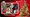 A photo of a red background with snowflakes and a Christmas tree with gold and red ornaments and presents and a smaller photo of Santa with a golden retriever.